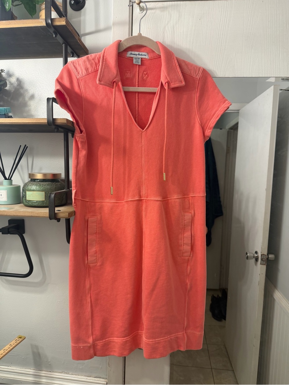 Tommy Bahama Coral V-Neck Polo Sweatshirt Dress with Pockets